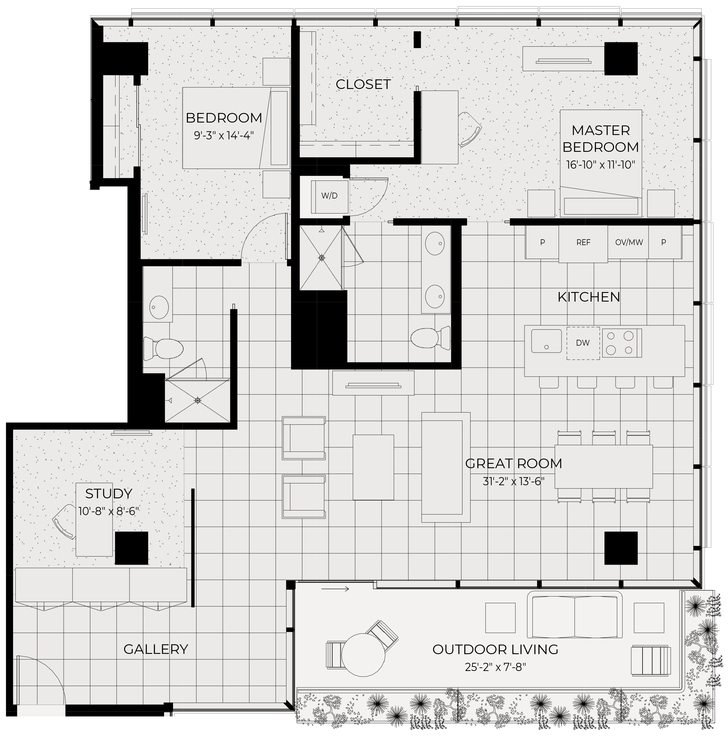 Floor plan for 2 beds, 2 baths, 1454 sqft